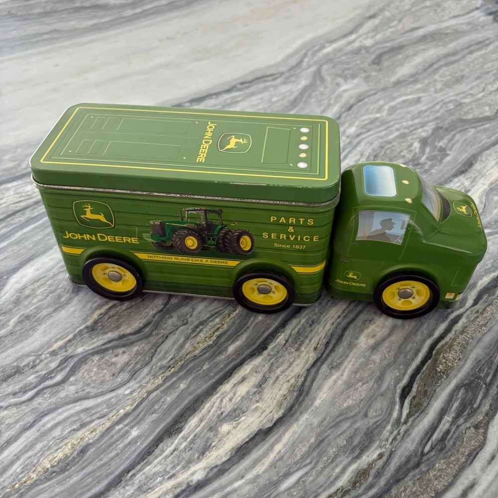 John Deere Truck Tractor 2-Compartment Tin Box Container Collectible Toy